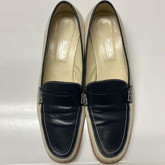 Brooks Brothers Beige Navy Twill and Leather Classic Slip-On Loafers- Size 8 - Picture 1 of 13